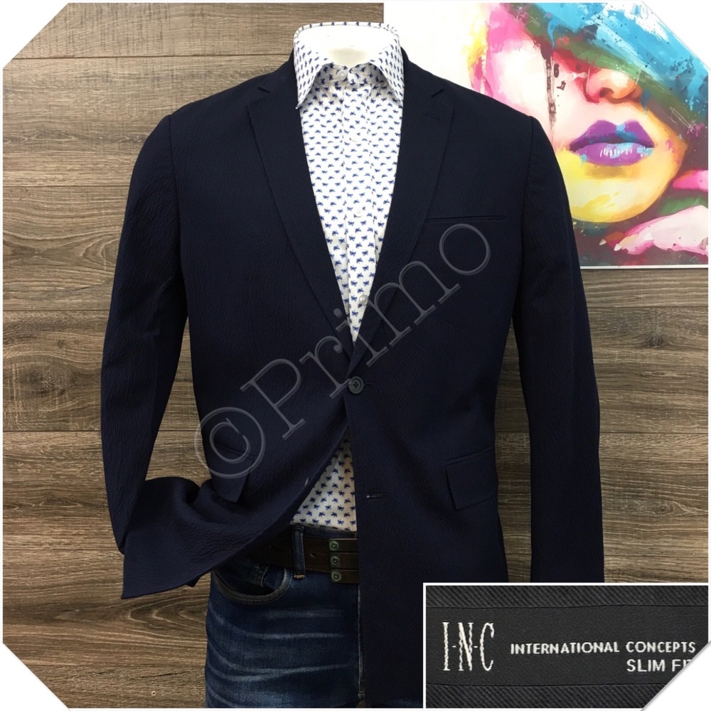 INC Mens Seersucker Blazer Sport Coat Casual Jacket Size L (42R) Cotton Suit